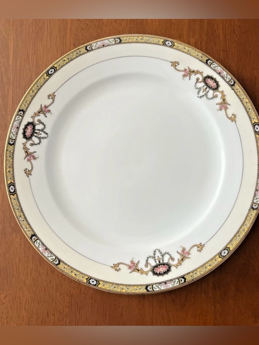 Noritake White Porcelain Dinner Plates with Gold and Black Accents
